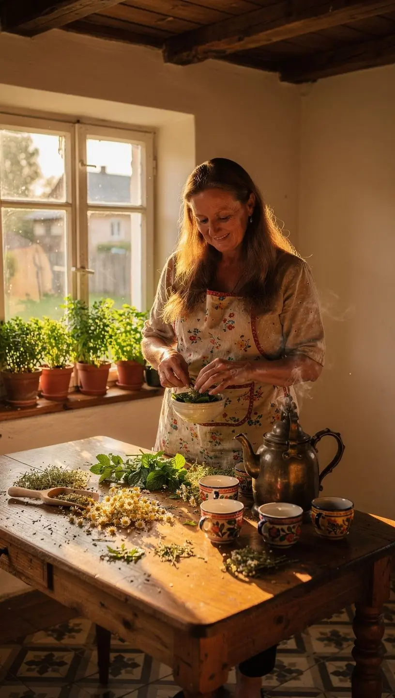 Arbatos puodelis su šviežiomis vaistažolėmis ir medumi ant medinio stalo, simbolizuojantis natūralų skonį ir aromatą.
