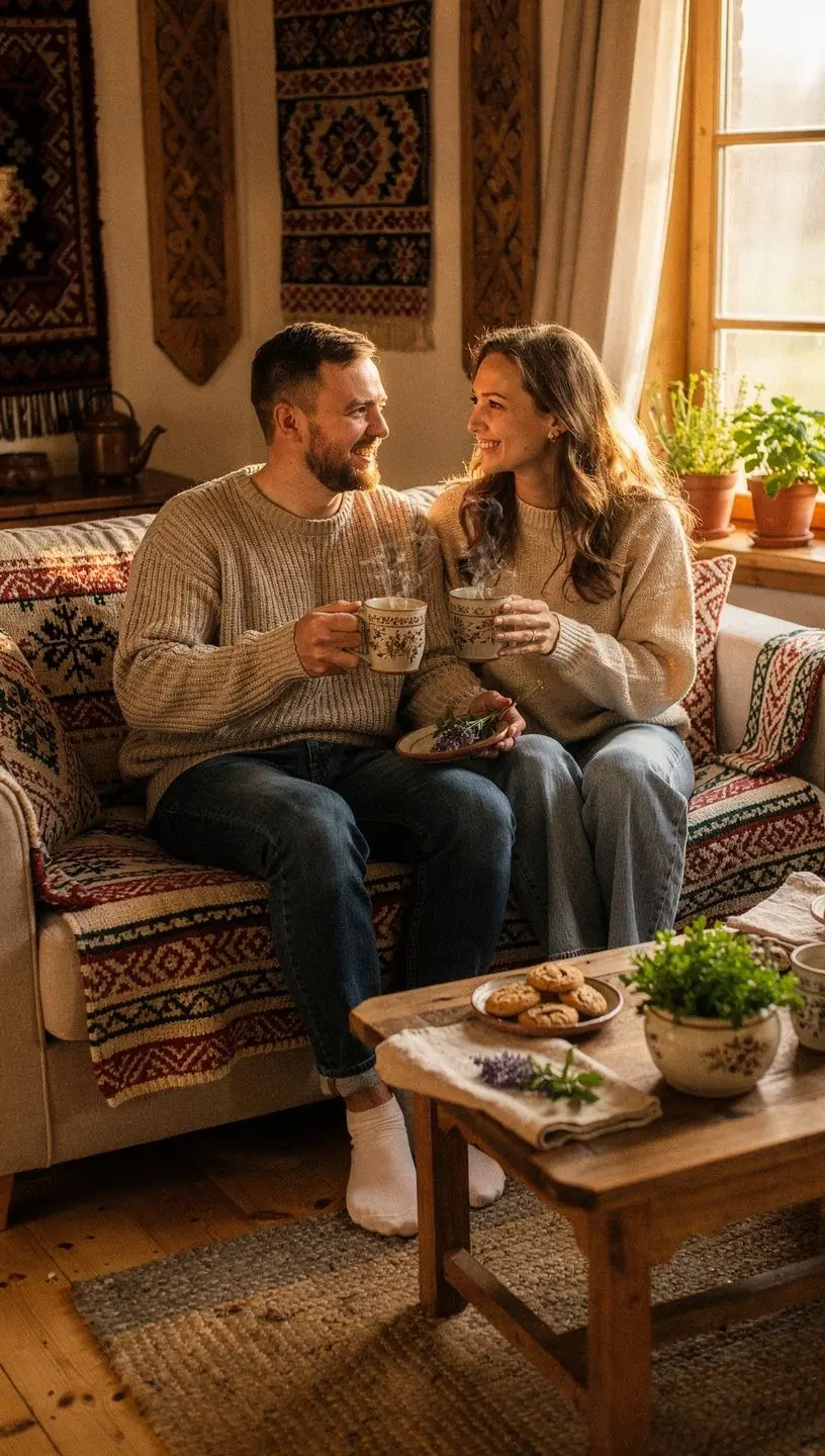 Rankos laikantis šiltą žolelių arbatą prie lango, perteikiant jaukumo ir atsipalaidavimo jausmą.
