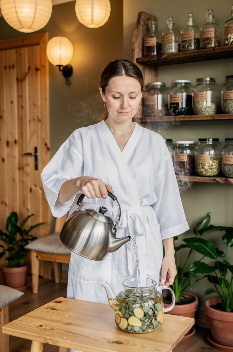 Infuzijos procesas su stikline arbatine, kurioje matyti švelniai besiskleidžiančios žolelės ir jų nauda sveikatai.